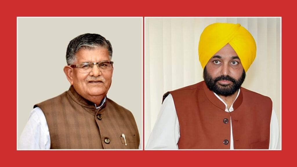 Punjab Chief Minister Bhagwant Mann welcomes new Governor Gulab Chand Kataria.