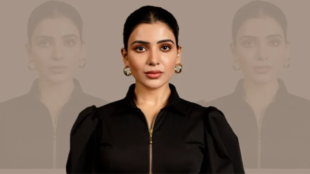 Samantha ruth prabhu in elegant black outfit Samantha ruth prabhu in a black outfit with gold hoop earrings.