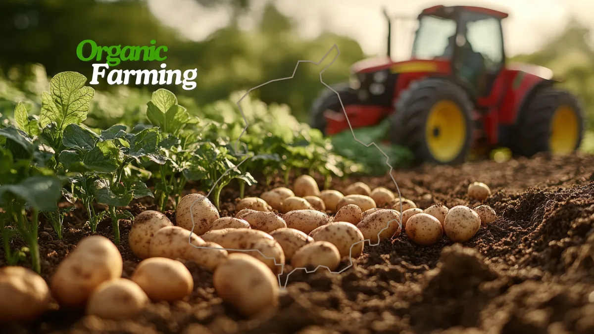 Freshly harvested potatoes in an organic Farming in Punjab, with green plants and a red tractor in the background.