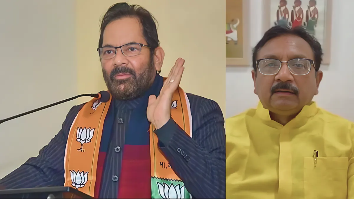 BJP leader Mukhtar Abbas Naqvi in a yellow kurta alongside Colonel Sofia Qureshi in military uniform, with an Indian flag in the background.