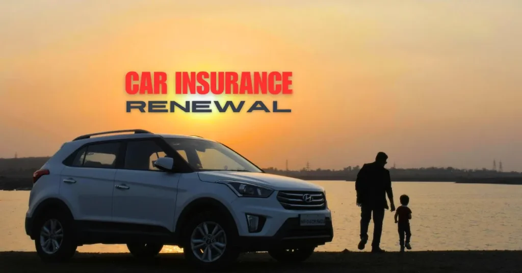 Effortless car insurance renewal in india 2025 A white suv parked by a lakeside during sunset, with a parent and child walking together, highlighting car insurance renewal.