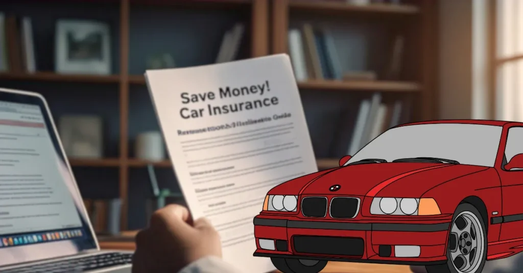 Save big on car insurance renewal in india 2025 A person reviewing a car insurance renewal document next to a laptop, with an illustration of a red car highlighting cost-saving opportunities.