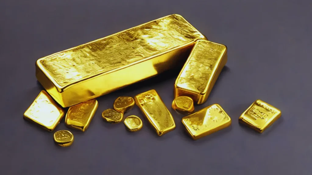 Gold prices decline amid heightened global economic uncertainty Gold bars stacked together, symbolizing declining gold prices influenced by economic shifts and global market conditions.