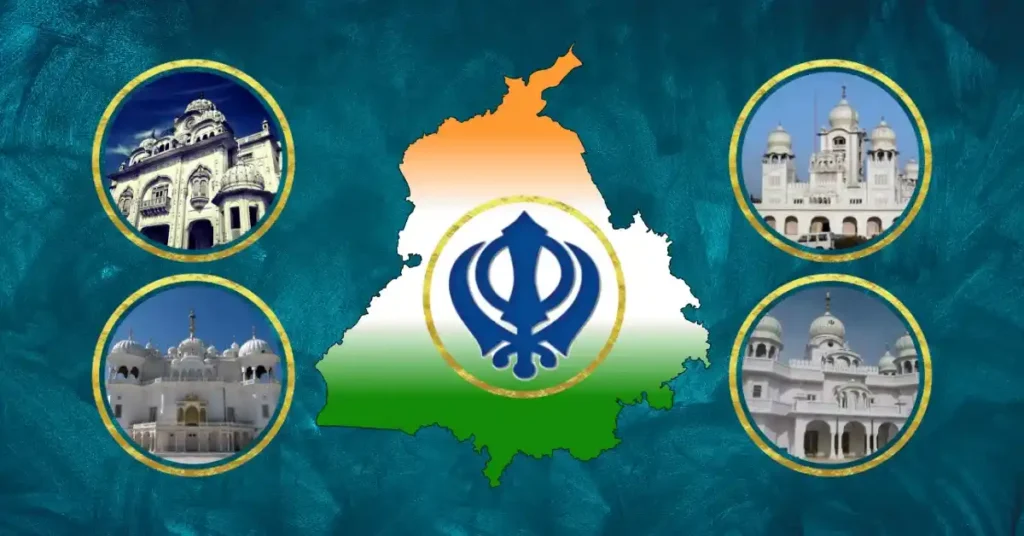 Map of Punjab with the Sikh Khanda symbol and four iconic sacred sites representing the top Punjab religious places.