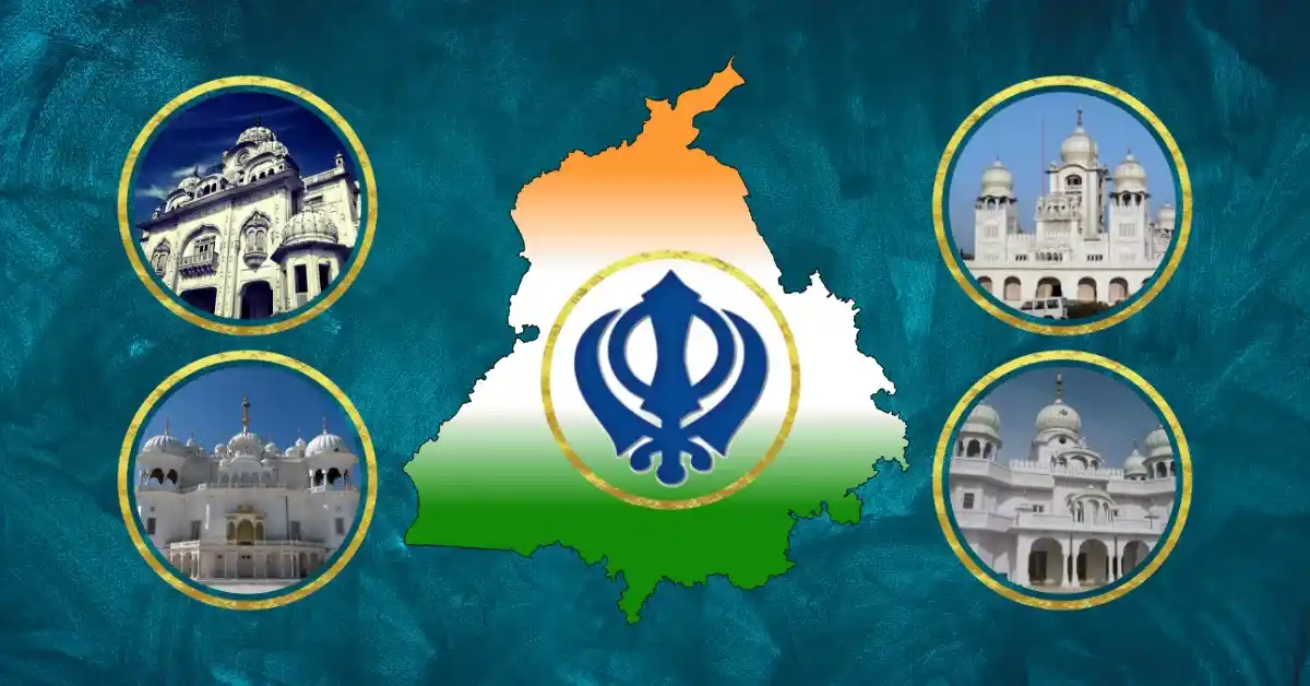 Map of Punjab with the Sikh Khanda symbol and four iconic sacred sites representing the top Punjab religious places.