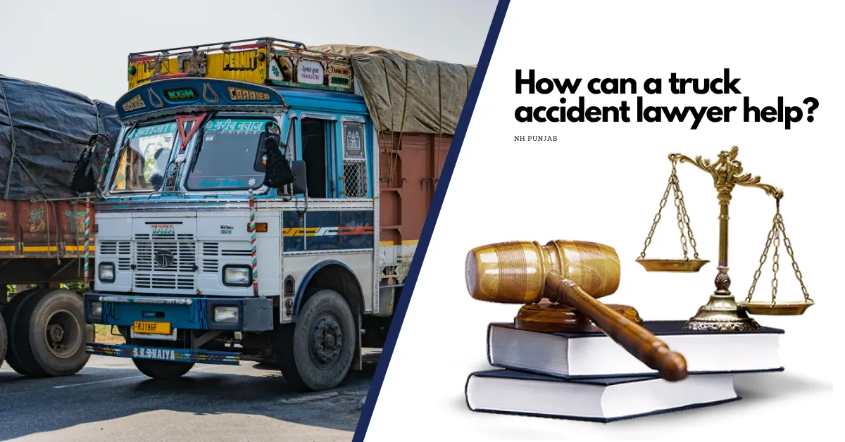 An image depicting a truck accident lawyer's role, featuring a truck and legal symbols like scales and a gavel.