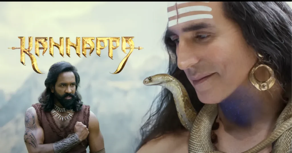 Kannappa movie promotional poster with tribal warrior character and epic background, announcing June 27th worldwide premiere.