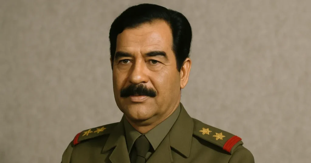 Saddam Hussein Portrait - Military Leader A formal portrait of Saddam Hussein in a green military uniform with epaulets and a dark tie, featuring his distinct mustache, against a plain grey background.
