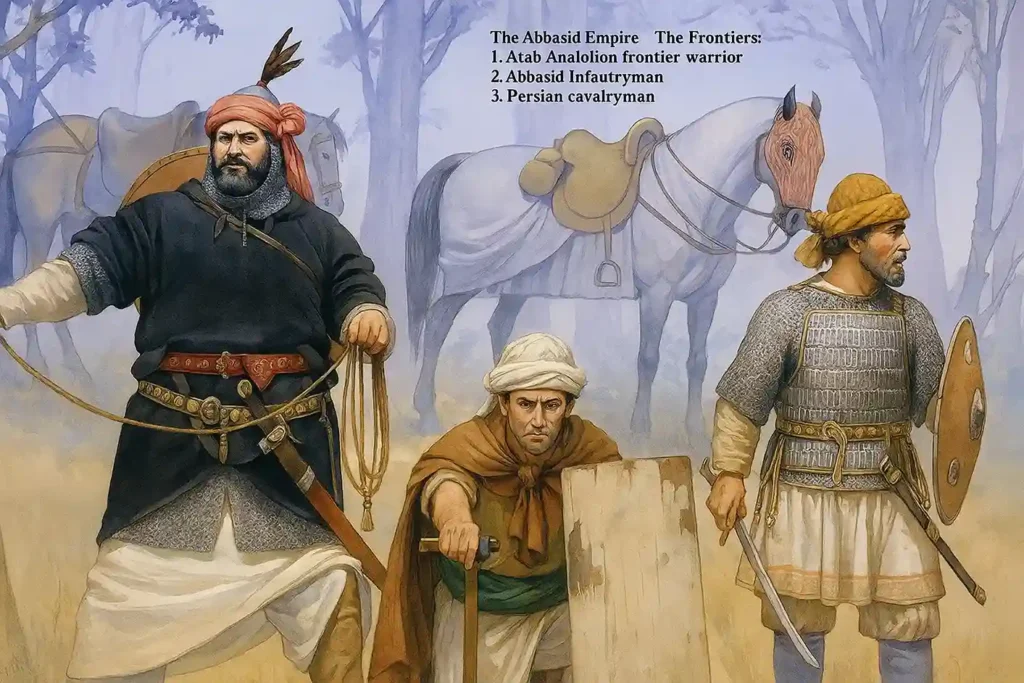Abbasid Empire Frontier Warriors: Atab Anatolian, Abbasid Infantryman, Persian Cavalryman Illustration Illustration showing three Abbasids Empire frontier warriors: an Atab Anatolian frontier warrior in blue and white, an Abbasid infantryman with shield and sword, and a Persian cavalryman in mail armor with a horse in the background.