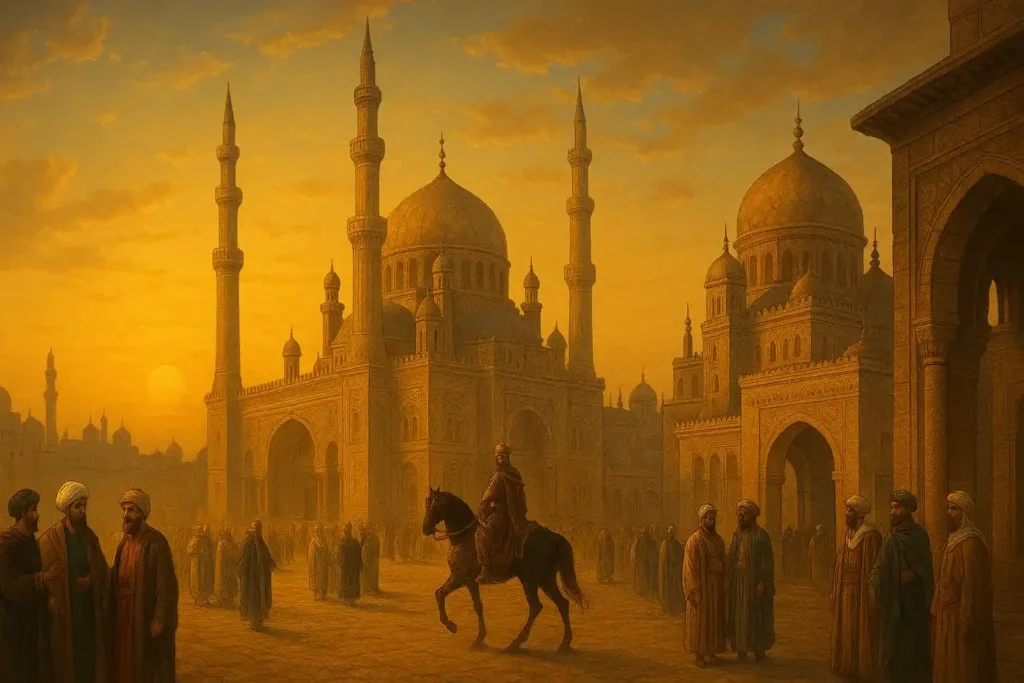 Abbasid Golden Age Cityscape: Medieval Islamic Architecture at Sunset Artistic scene of an Abbasids city at sunset, showing grand domed mosques with towering minarets and people in traditional Middle Eastern robes, evoking the Islamic Golden Age.