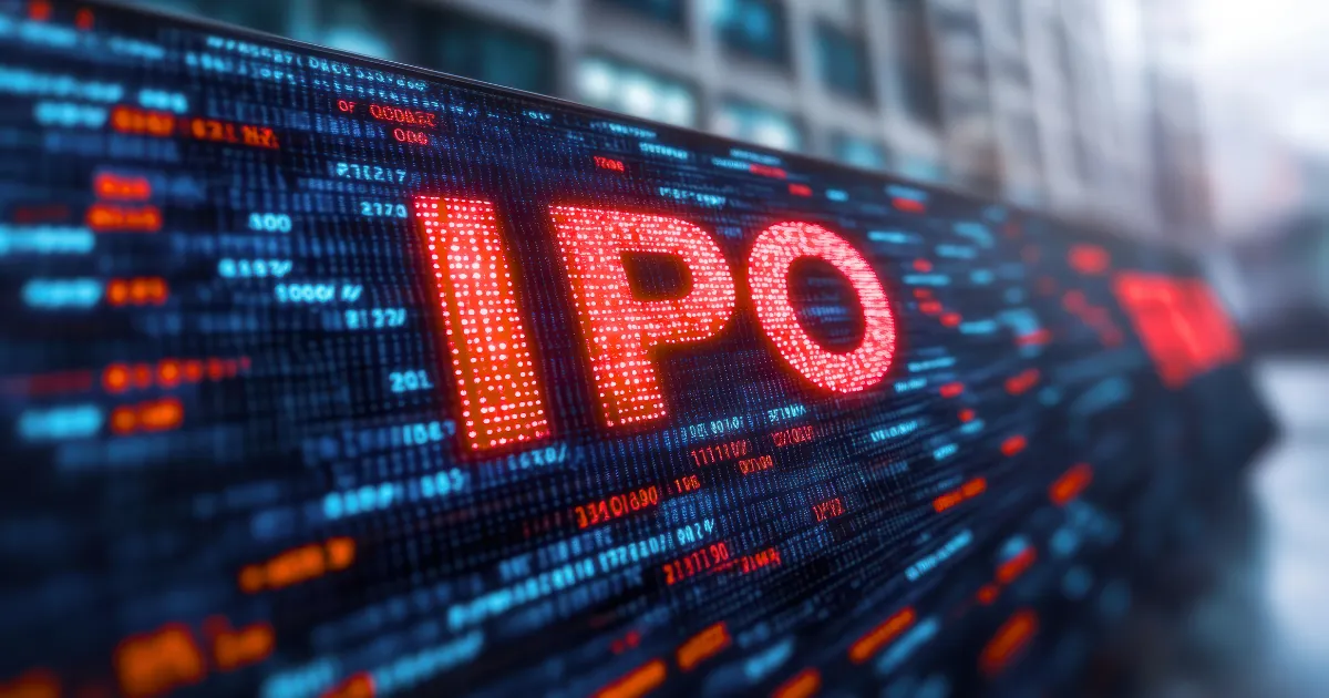 Anthem Biosciences IPO Allotment Status Revealed New Delhi - A digital screen displaying the word "IPO" in large, glowing red letters, surrounded by blue and orange data, numbers, and financial codes, with a blurred office building in the background.