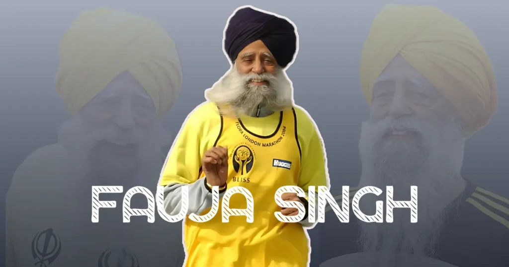 Fauja Singh: Inspiring British Sikh Marathon Runner Fauja Singh, a British Sikh marathon runner, stands prominently in a yellow running vest with a medal, his white beard and yellow turban visible, with blurred ghost images of him in the background on either side. His name "FAUJA SINGH" is displayed at the bottom.