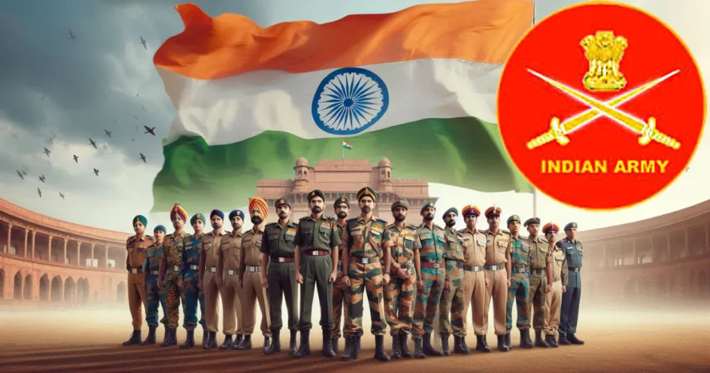 Indian Army: Military Might & National Pride India Global Power Ranking 2025 - A group of diverse Indian Army soldiers in various uniforms stand in formation with a large Indian flag waving above them and the circular red Indian Army logo with crossed swords on the right. A historical building is in the background.