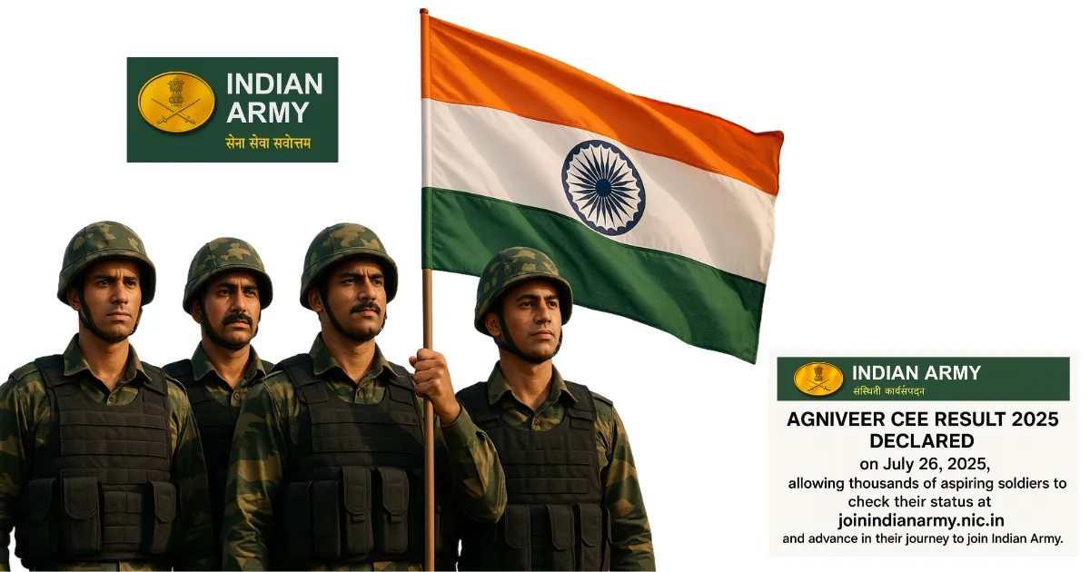 Concise, descriptive alt text for accessibility and SEO, including primary keywords without stuffing. Indian Army soldiers holding flag with Agniveer CEE Result 2025 announcement for join Indian Army