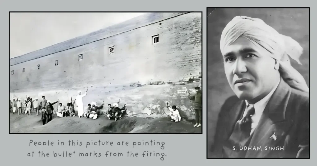 Jallianwala Bagh Massacre: Bullet Marks & Udham Singh – Historic Photographs of 1919 Tragedy Photograph showing people pointing at the bullet marks on the walls of Jallianwala Bagh from the 1919 massacre, with an inset portrait of Sardar Udham Singh, noted Indian freedom fighter.