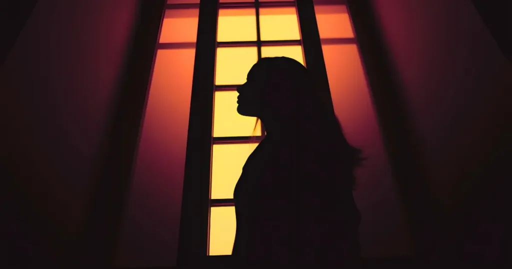 Los Angeles Fake ICE Kidnapping Allegations Visual Los Angeles Fake ICE Kidnapping Scandal: A dark silhouette of a person's profile, likely a woman with long hair, standing against a rectangular window glowing with warm yellow and orange light, giving a sense of being confined or introspective.