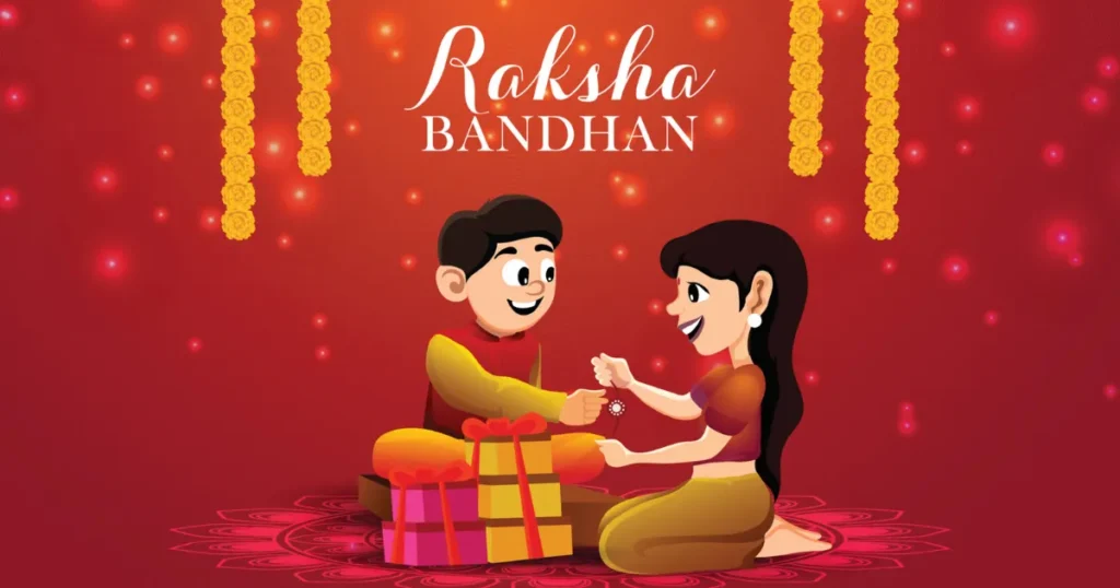 Raksha Bandhan 2025: Sister Tying Rakhi to Brother with Gifts – Indian Festival Illustration Illustration of a sister tying rakhi on her brother’s wrist during Raksha Bandhan, with colorful gifts and traditional festival decor on a red background.