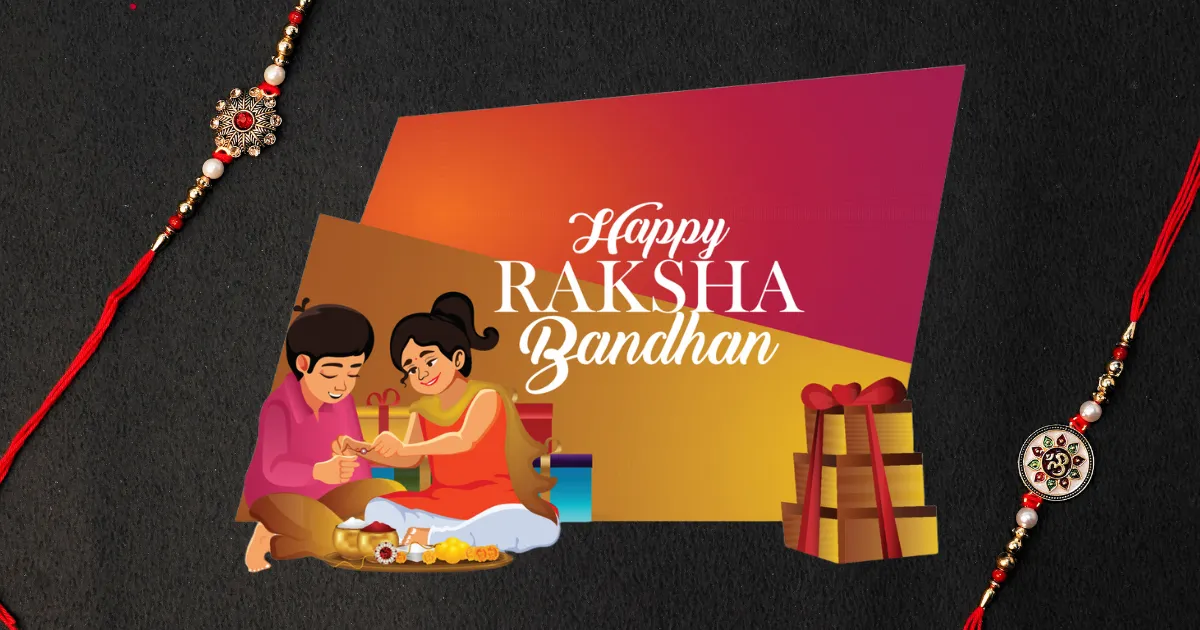 Illustration of a sister tying rakhi on her brother’s wrist during Raksha Bandhan, surrounded by gifts, sweets, and decorative red rakhi bands.