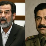A split image showing Saddam Hussein: on the left, an older man with a grey beard, speaking animatedly; on the right, a younger Saddam Hussein in a military uniform with medals, looking at the camera