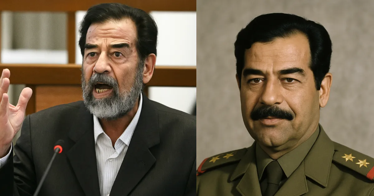 A split image showing Saddam Hussein: on the left, an older man with a grey beard, speaking animatedly; on the right, a younger Saddam Hussein in a military uniform with medals, looking at the camera