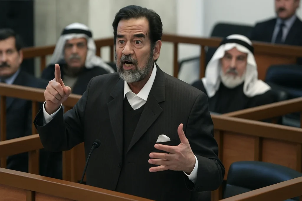 Saddam Hussein Speaking at Trial - Legacy Debate Saddam Hussein, with a grey beard, wearing a dark suit and white shirt, speaking animatedly and pointing his finger while standing behind a wooden barrier in a courtroom setting, with other people partially visible in the blurred background.