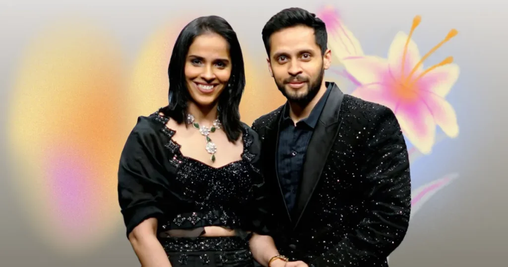 Saina Nehwal and Parupalli Kashyap Separate Indian badminton players Saina Nehwal and Parupalli Kashyap posing together, both smiling and dressed in black, representing their relationship prior to their confirmed separation.