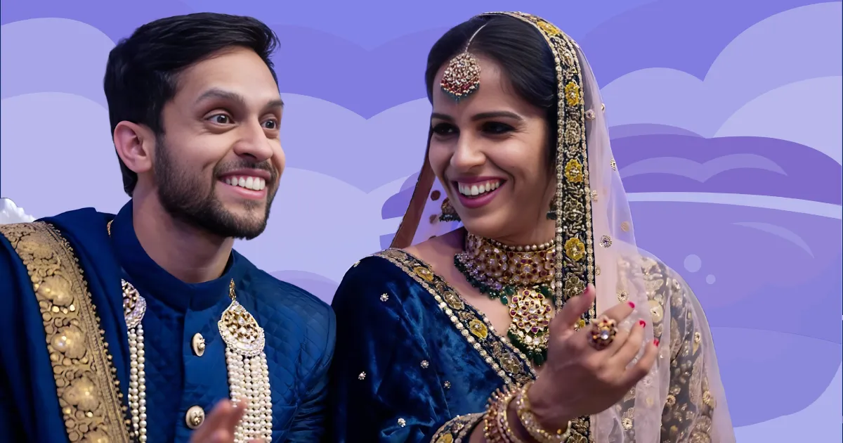 Indian badminton players Saina Nehwal and Parupalli Kashyap, dressed in traditional Indian wedding or festive attire, smiling and looking happy together. Saina is wearing intricate jewelry and a veil.