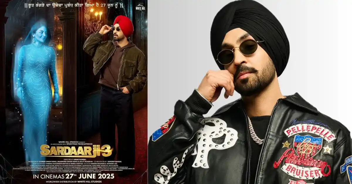 A movie poster for 'SardarJi 3' featuring Diljit Dosanjh alongside a ghostly female figure, with a separate image of Diljit Dosanjh in a leather jacket and turban, set against the context of the film's ban in India.