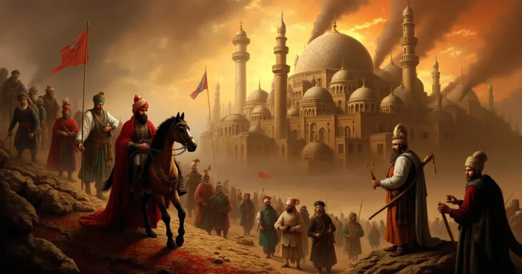 Abbasid Sultan's Triumph: Sultan on Horseback & Majestic Mosque in Golden Age Cityscape Dramatic image of an Abbasid sultan on horseback leading followers past a grand mosque with domes and minarets during sunset, capturing Islamic Golden Age architecture and attire.
