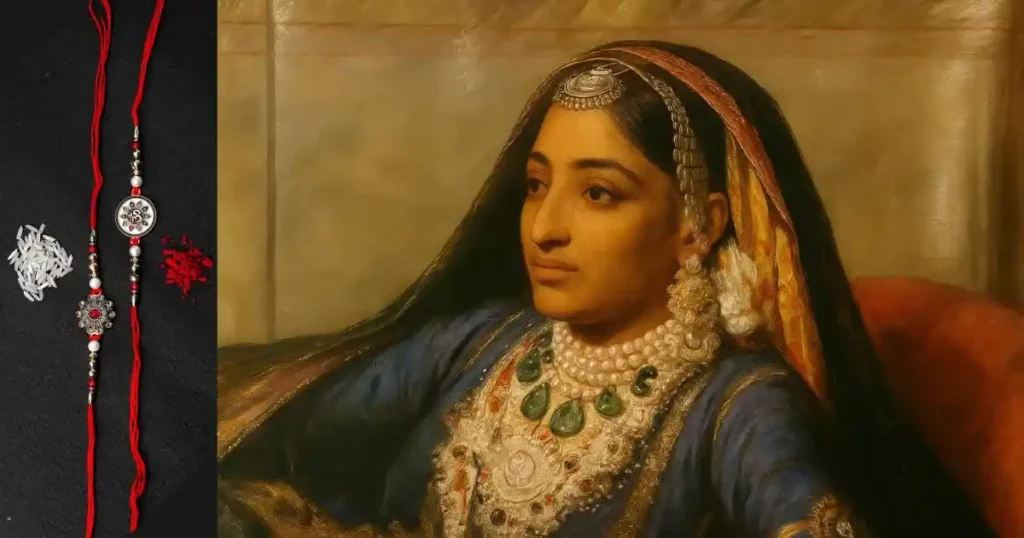 Painting of Maharani Jind Kaur adorned in regal jewelry, symbolizing the historic moment she sent a rakhi to the King of Nepal—an act signifying a Sikh queen’s plea for protection and alliance.