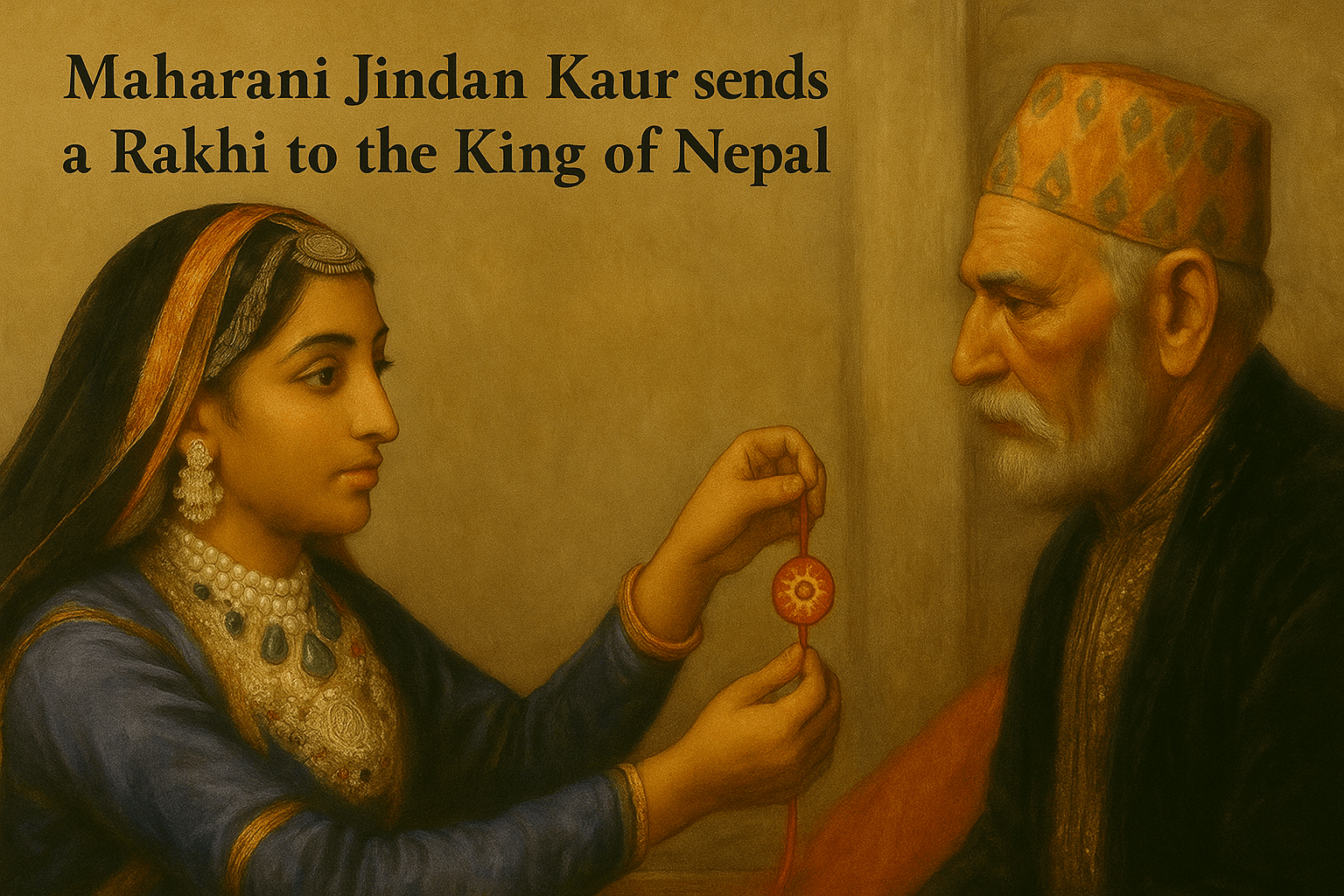 Painting of Maharani Jind Kaur adorned in regal jewelry, symbolizing the historic moment she sent a rakhi to the King of Nepal—an act signifying a Sikh queen’s plea for protection and alliance.