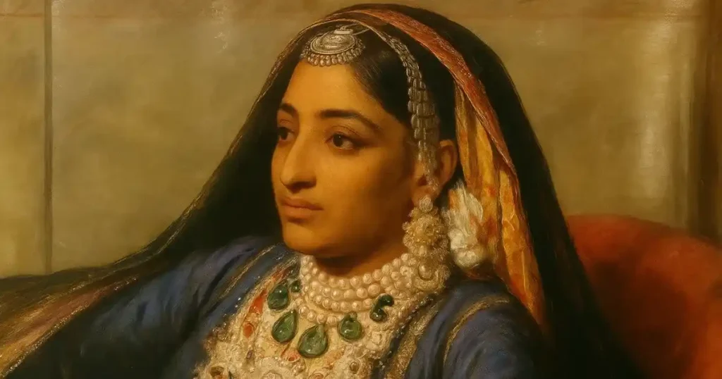 Maharani Jind Kaur: Last Sikh Queen of Punjab – Legacy of Courage and Royalty Painting of Maharani Jind Kaur dressed in regal attire with elaborate jewelry and traditional Sikh royal garments, symbolizing her legacy as the last Sikh queen and leader of Punjab.