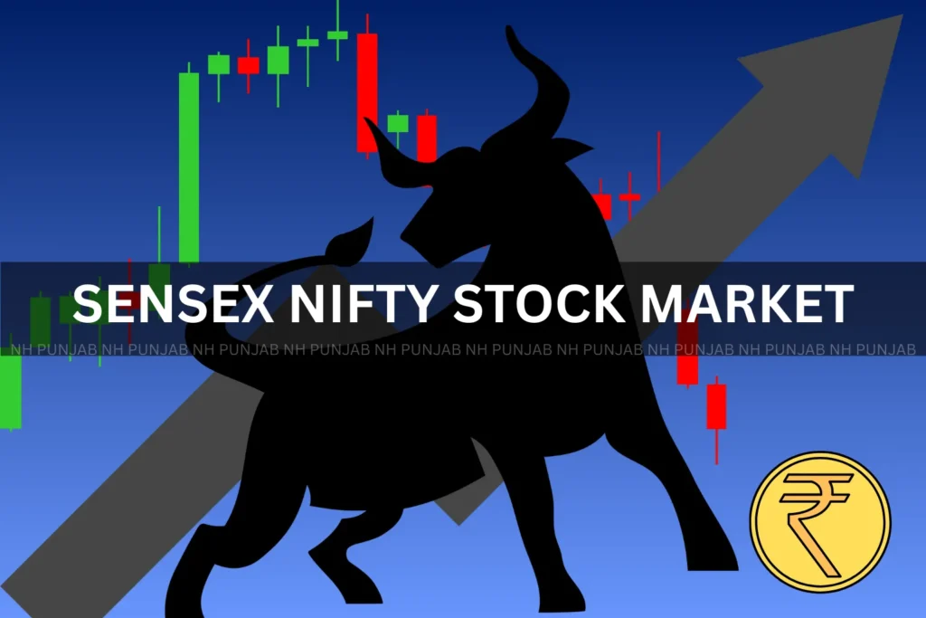 Bull silhouette with candlestick chart and rupee symbol, representing sharp swing in Mumbai Sensex and Nifty stock market