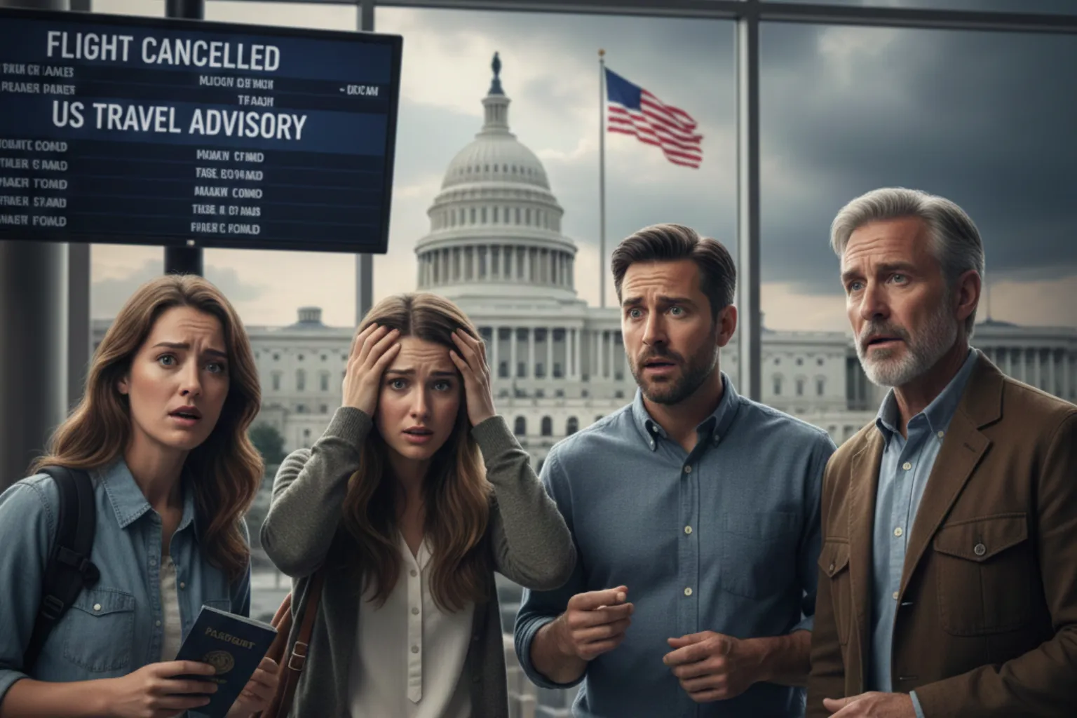 Urgent US Travel Alerts: Family of four travelers show shock and concern at airport, facing a "US Travel Advisory" screen with the US Capitol building and flag visible.