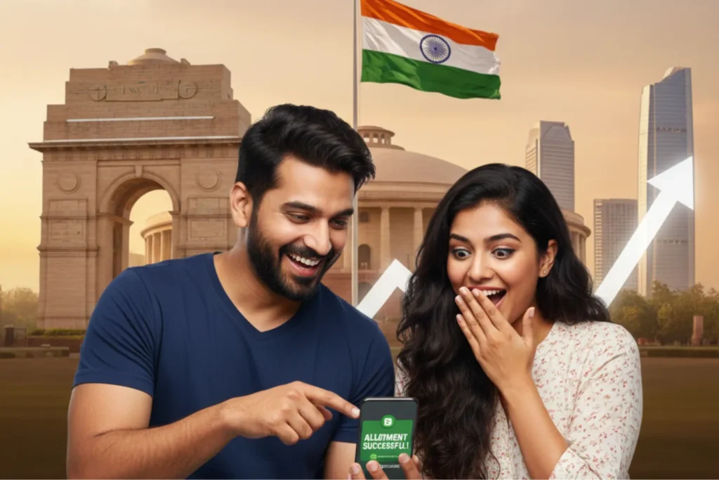 Excited Indian investors checking Bigshare Services website on a mobile phone to see the Corona Remedies IPO Allotment status against the New Delhi Parliament/India Gate skyline.